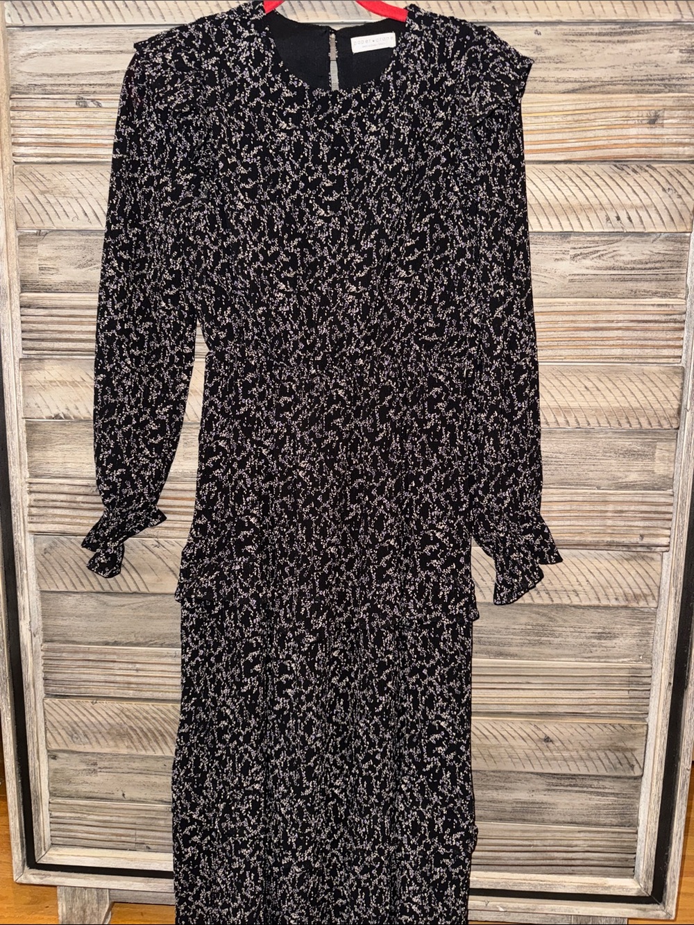 Paper Crane Black Long Sleeve Ruffle Dress with White and Purple Floral Print
